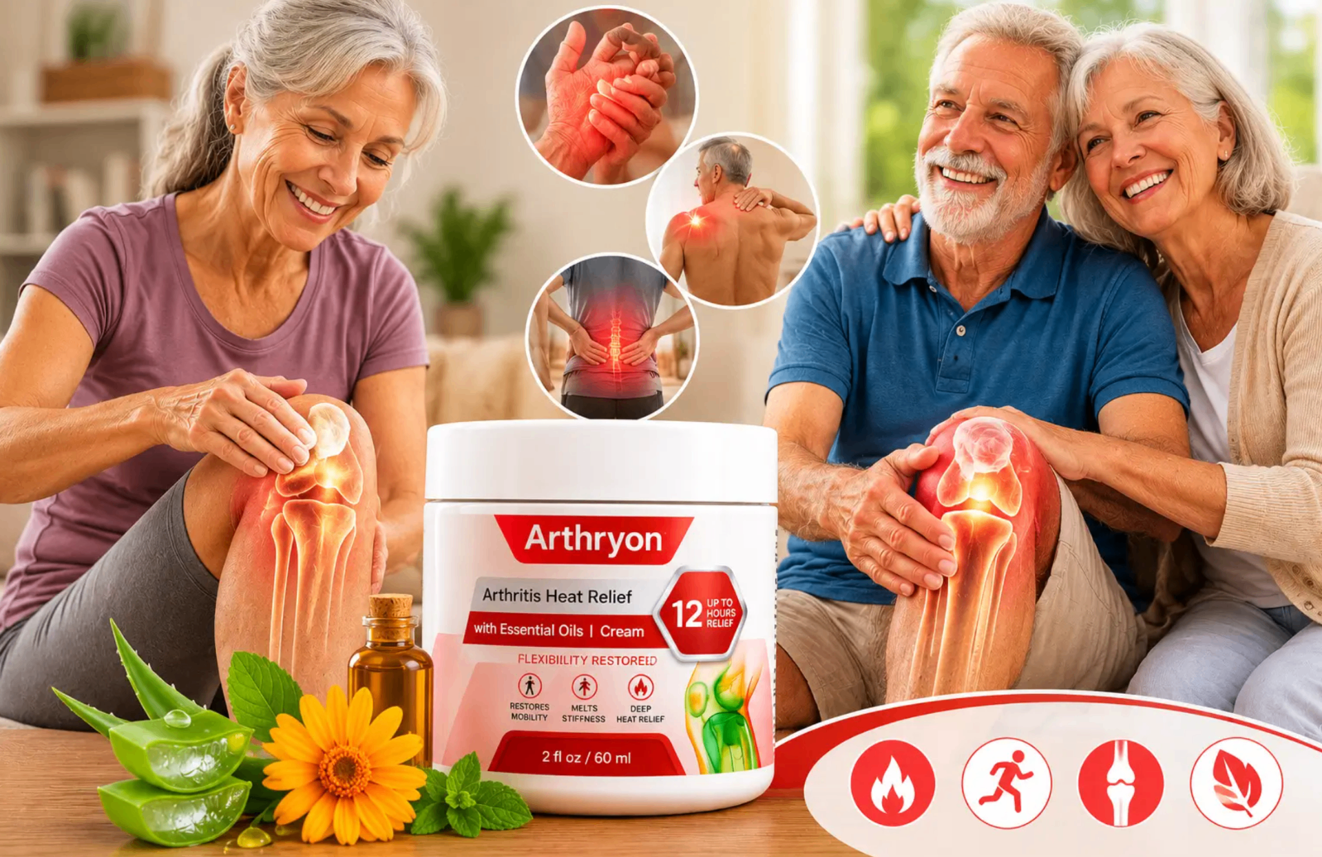 Seniors using Arthryon Heat Relief Cream for knee, back and shoulder pain